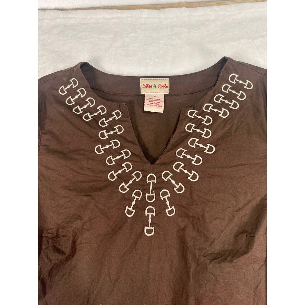 Toffee & Apple Tunic Top Size M Brown Embroidered Horsebit 3/4 Sleeve Western - Picture 3 of 5